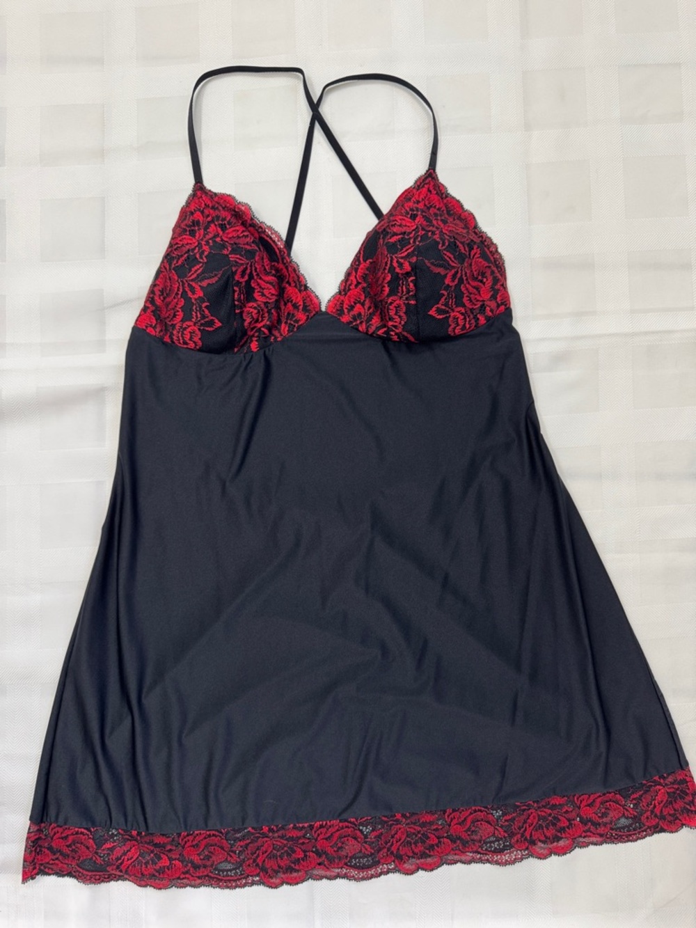 La SENZA Black Chemise with Red Floral Lace Accents